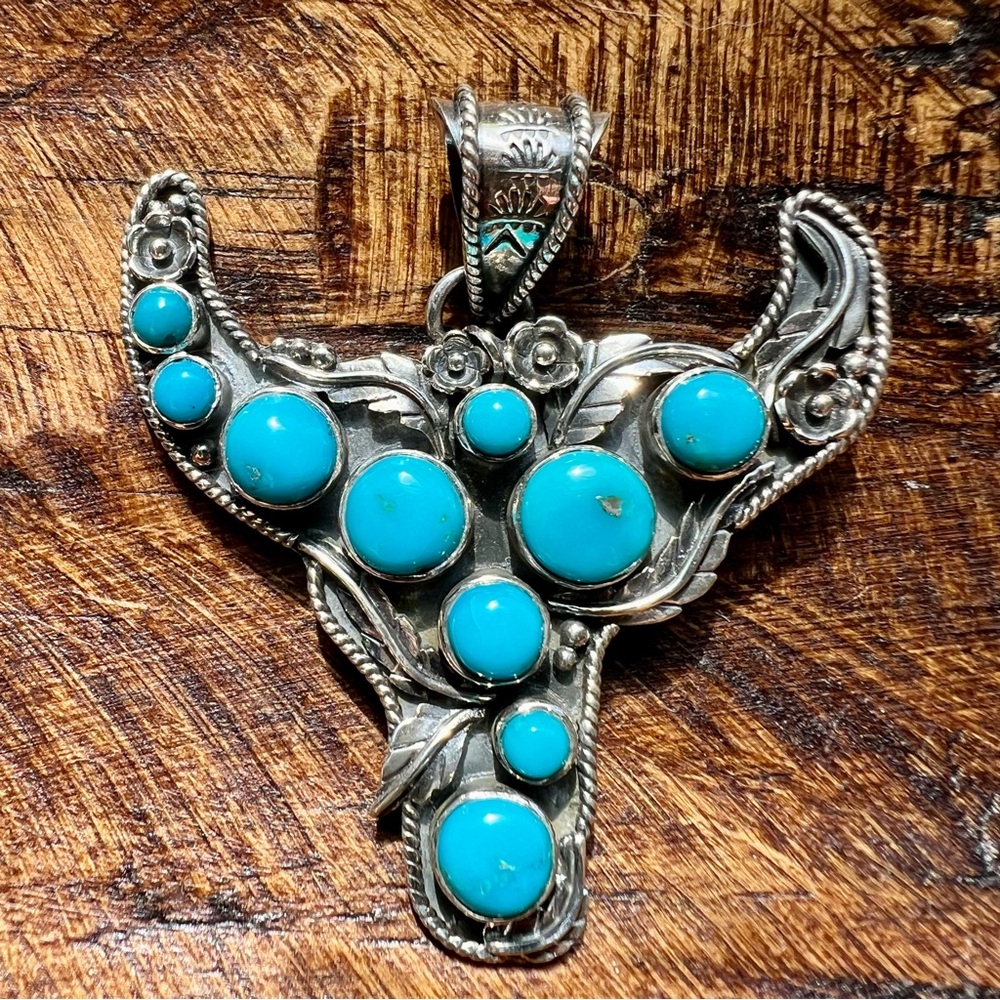 925 Sterling Kingman Turquoise Steer Pendant Heavy Cluster Statement